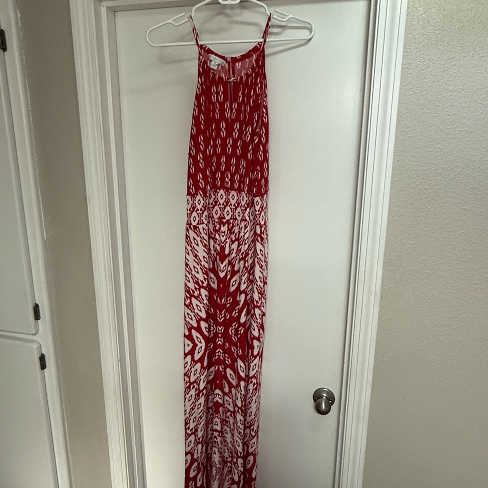 London Times Red and White Smocked Maxi Sundress